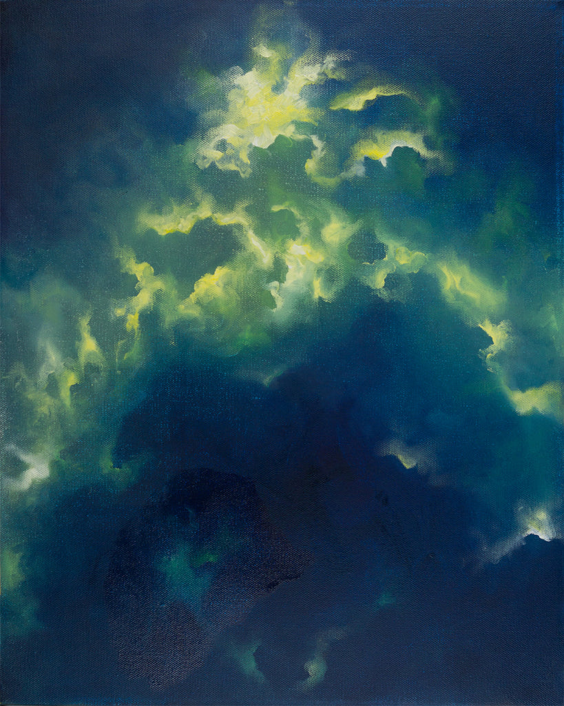 Ascension Archival Print of abstract oil painting by Harold Roth; green and cold roiling clouds depicting spiritual ascension