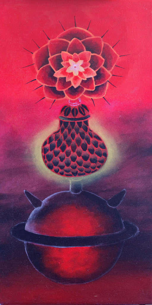 Dark Arts Abstract Oil Painting by Harold Roth; lab glassware, a vessel, and a flowering form in red and black