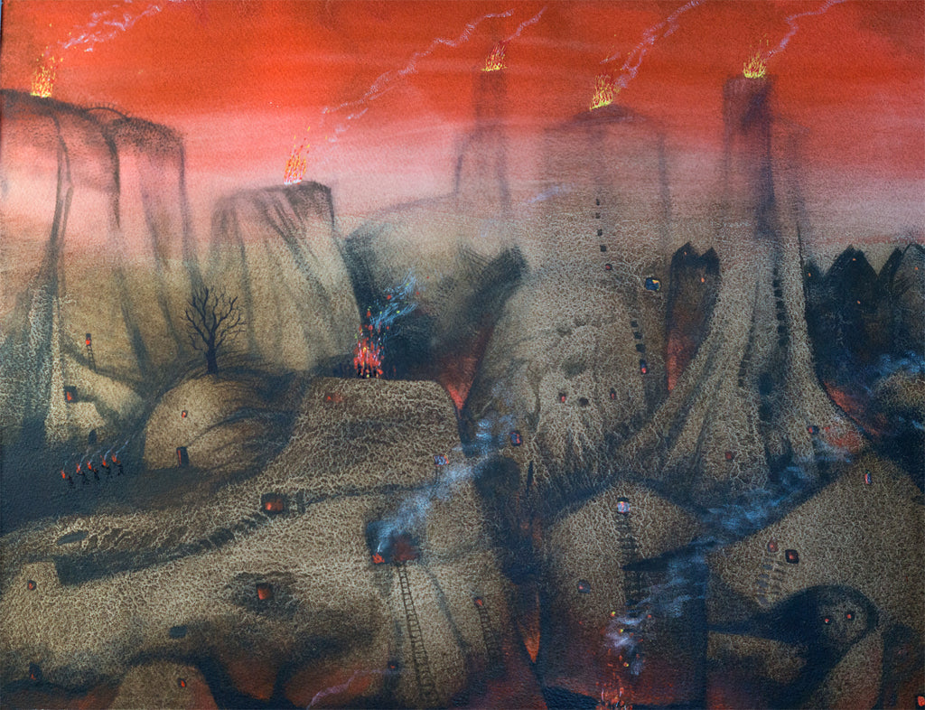A festival of Fire in a Weird urban landscape. Bonfires on rooftops and mountain tops, smoke rising from fireplace fires. A strange city where people live in rock formations.