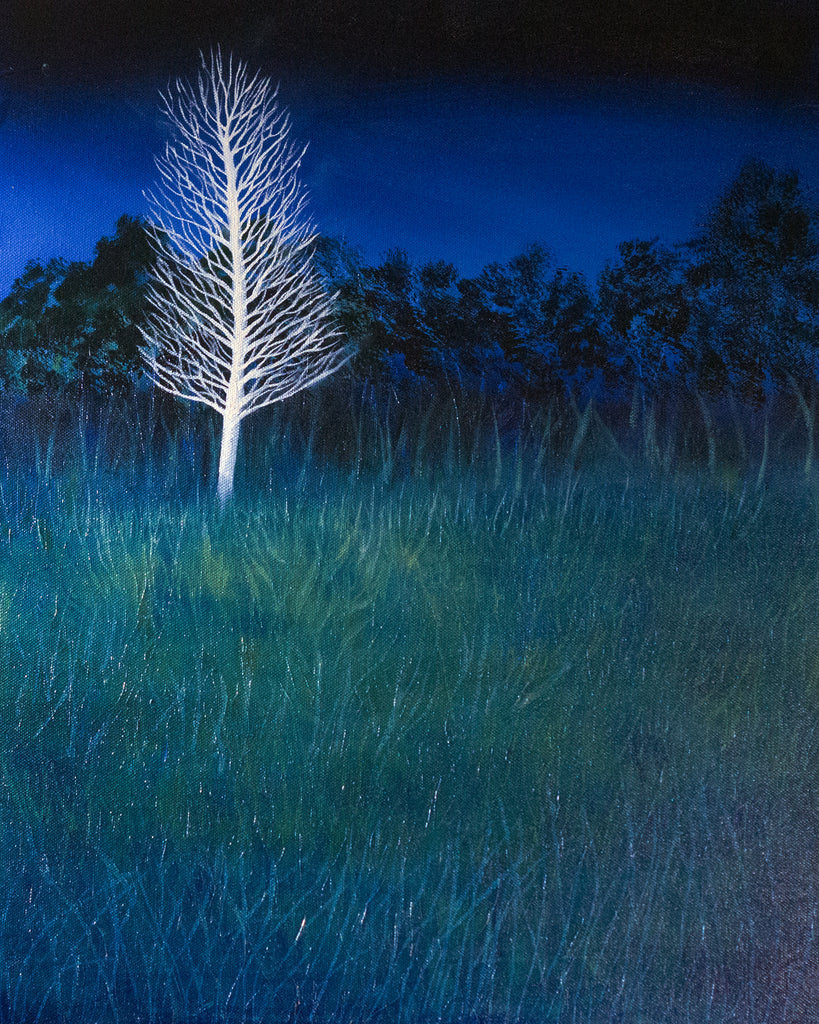 Bone Tree Oil Landscape Painting by Harold Roth; a white bare tree shines against a dark row of tree and an open field