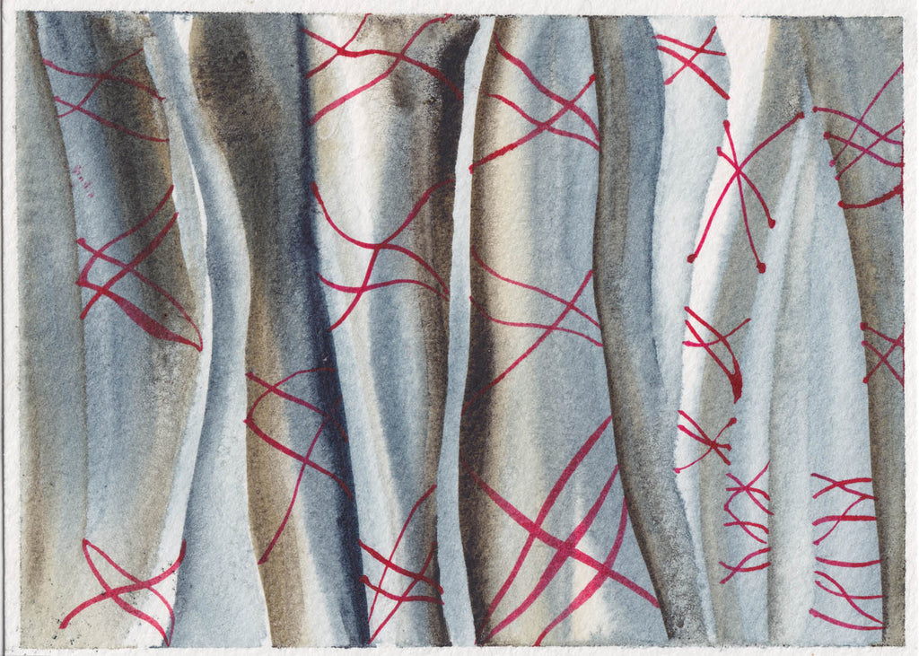 Binding Spell Archival Print of Abstract Watercolor Painting by Harold Roth; grey biomorphic forms are bound by thin red lines