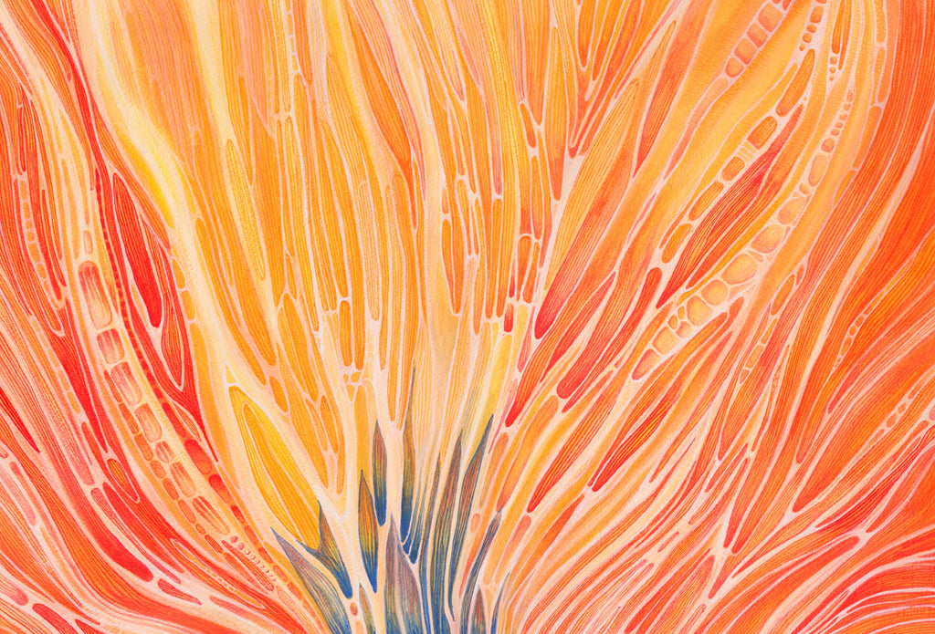Burst Abstract Watercolor Painting by Harold Roth; Orange lines of energy flow out from a blue core