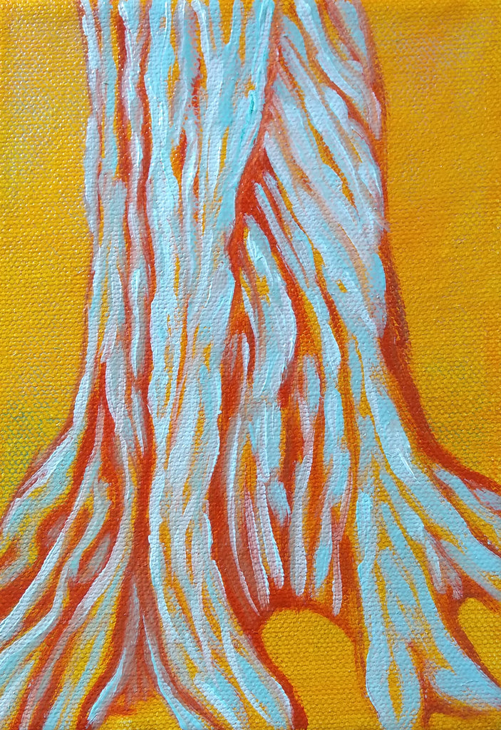 Cemetery Tree Oil Landscape Painting by Harold Roth; light teal, red, and orange twisting bark of a tree against a yellow orange background