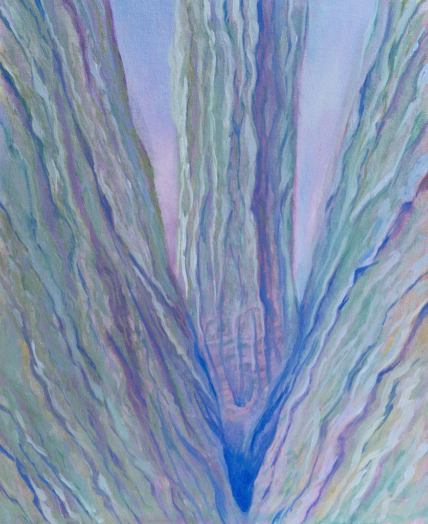 Crossroads Oil Landscape Painting by Harold Roth; closeup of three tree branches meeting the trunk in colors of jade green, pink, and blue