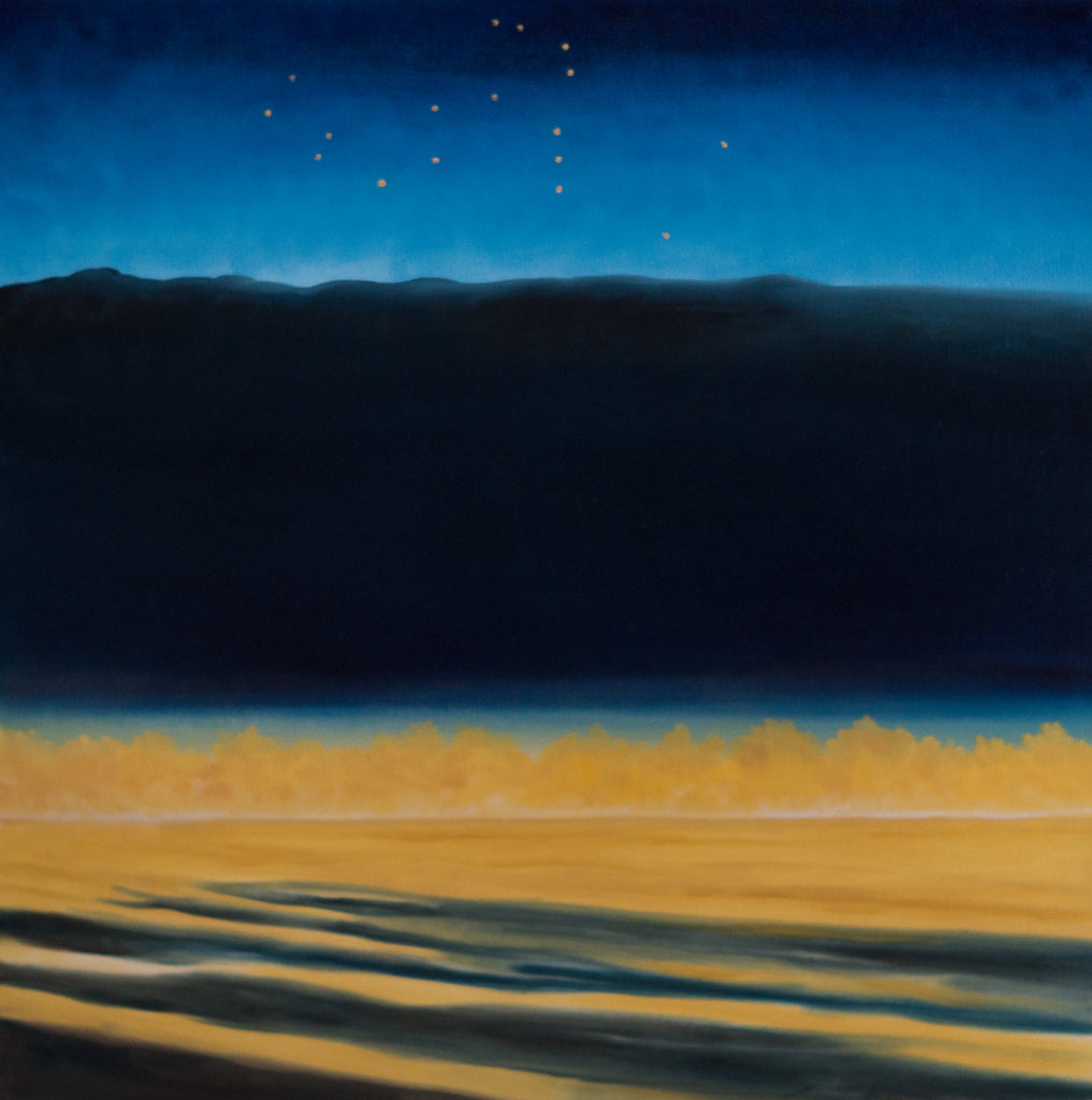 Dark Hill Oil Landscape Painting by Harold Roth; a black ridge rises over a gold field striped with shadows, Orion rises in the dusk sky