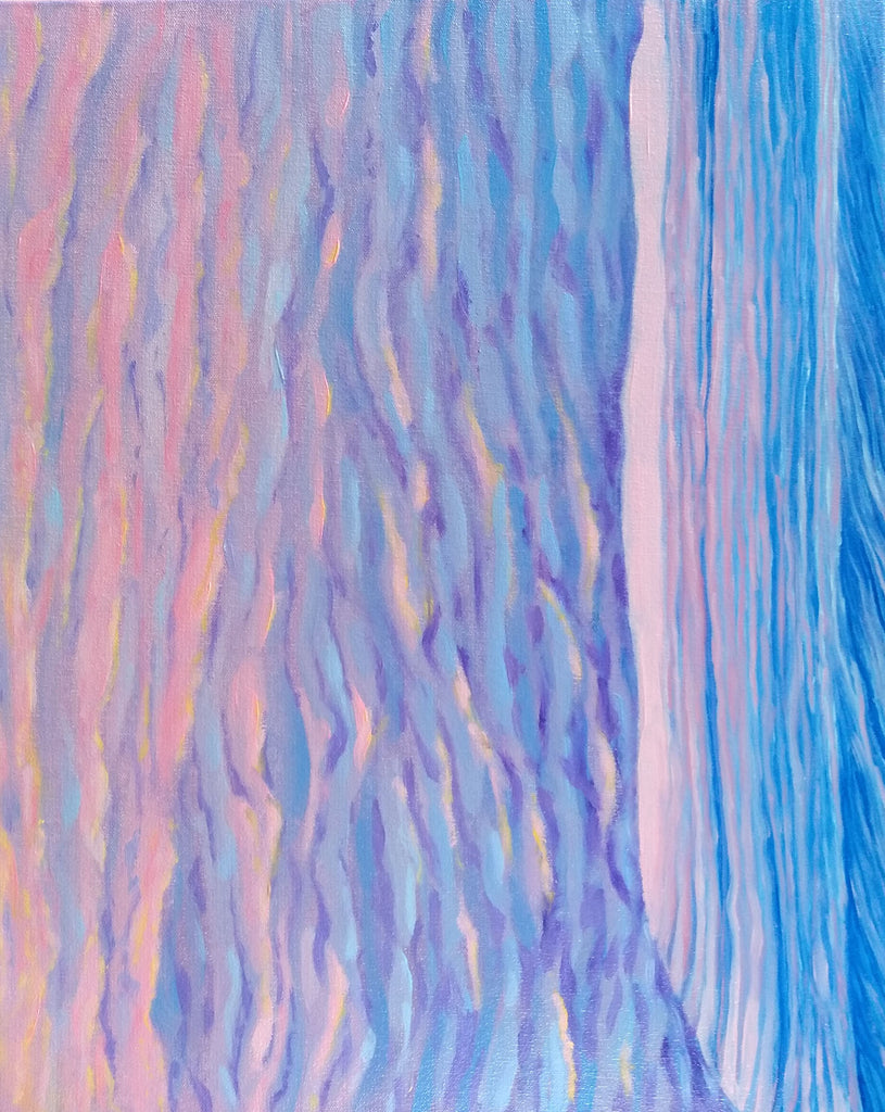 Dawn Trees Oil Lancscape Painting by Harold Roth; closeup of the bark of two trees lit by dawn, colors of pink, light blue, and tea