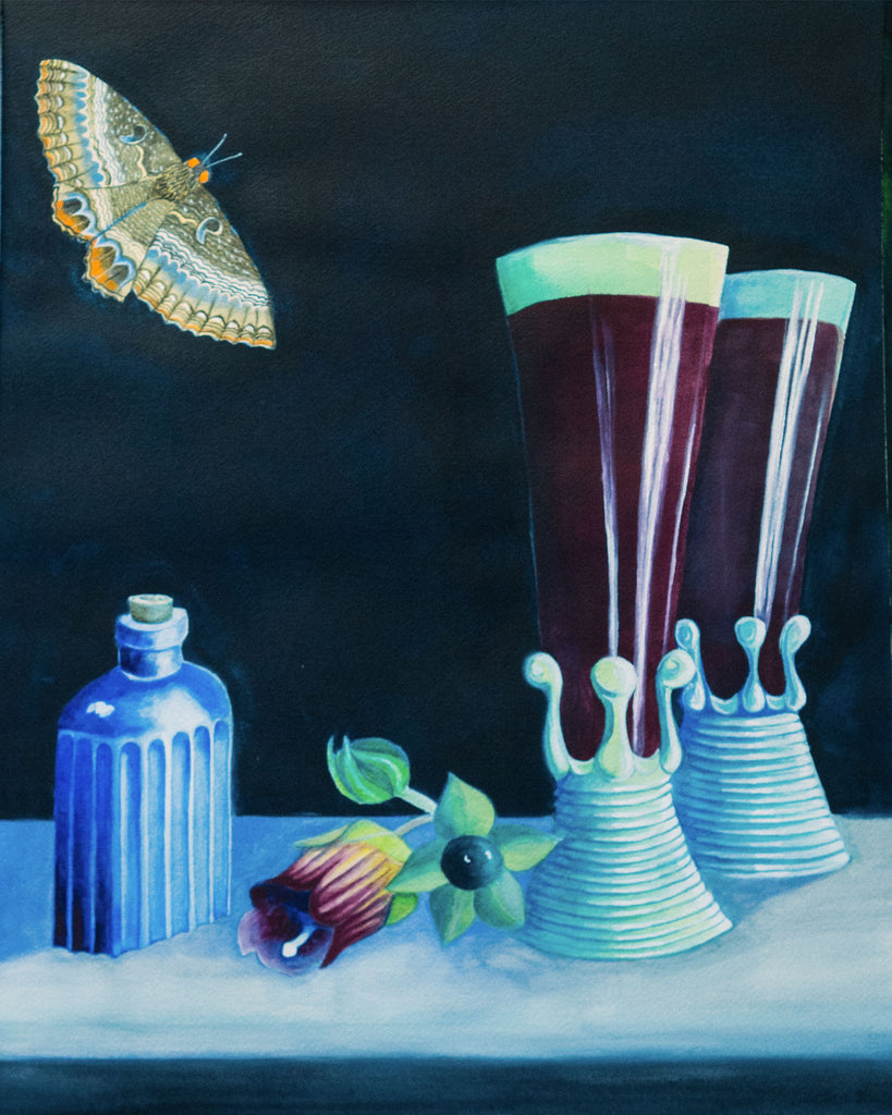 A watercolor still life of a black witch mother, a cobalt blue poison bottle, a belladonna flower, and two glasses of belladonna wine