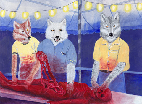 At the Werewolf Barbecue Surreal Watercolor Painting